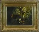 Artiste inconnu du XIXe s. – Huile/toile, 42,5 x 57 cm, "Paysage forestier avec cheval, chien et gibier"