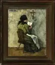 Artiste inconnu du 20e s. – Huile/contreplaqué, 45,5 x 36,5 cm, "Femme lisant près d'un crucifix", sign. illisible en haut à gauche, esquisse au dos