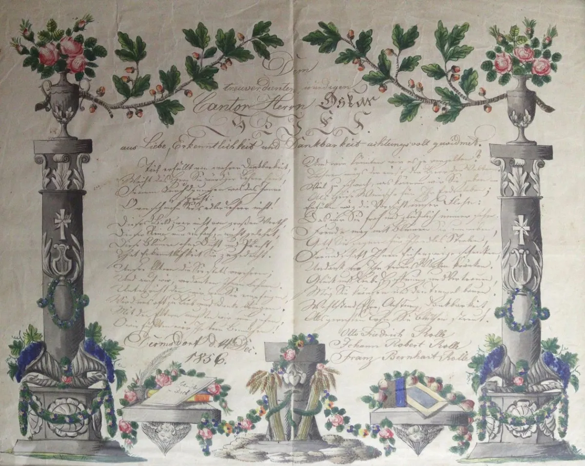 Dermsdorf. – Dankesurkunde "Dem treuverdienten würdigen Cantor Herrn Oskar Geiss..", Dermsdorf 1853