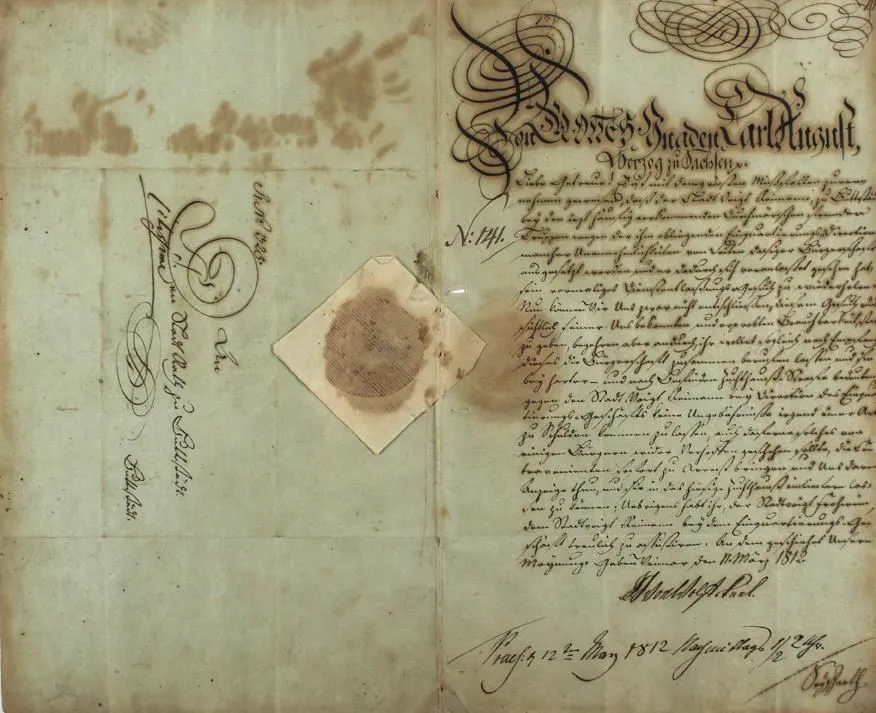 Carl August, vévoda Sasko-Weimar-Eisenach. – Poselský list městské radě v Buttstadtu, podepsaný