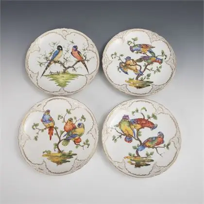 4 borden met vogelschildering. KPM Berlin