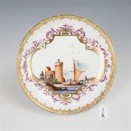 Barok schoteltje met koopvaardijschildering. Meissen