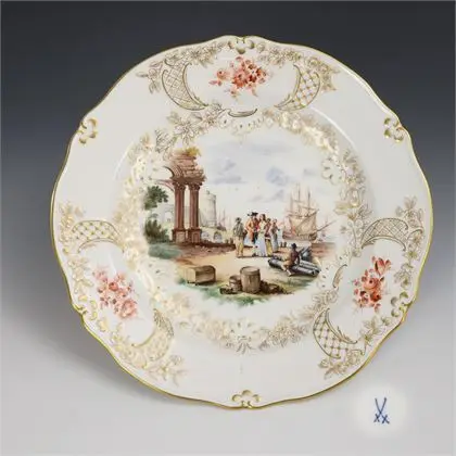 Bord met koopvaardijschildering. Meissen