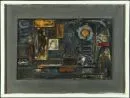 Pogány, Géza, 1927 Szombathely - 2001 – Objektová koláž, polychromovaná, 39 x 60 cm, nazvaná "Komposition", monogram a datace 1972, v dřevěném rámu, lit.: Saur,…