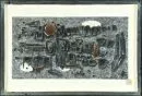 Pogány, Géza, 1927 Szombathely - 2001 – Collage d'objets, 32 x 61 cm, intitulé "Vazlat egy B. Földvári Szállóhoz (Skizze für ein Hotel)", monogrammé et daté 1972, dans…