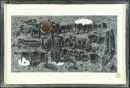 Pogány, Géza, 1927 Szombathely - 2001 – Collage d'objets, 32 x 61 cm, intitulé "Vazlat egy B. Földvári Szállóhoz (Skizze für ein Hotel)", monogrammé et daté 1972, dans…