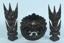 Balinese carvings, 3 pieces – wood, dark patina, H= 17-26 cm, 2 winged deities, 1 Garuda mask