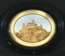 Diorama picture, 19th c. – cork relief on watercolored background, 10 x 13 cm, "castle view probably on the Rhine", in glazed frame