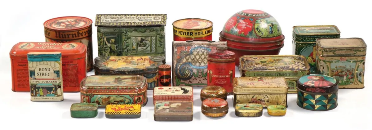 Tin boxes, advertising tins – Collection of 39 historic tin boxes, mostly lithographed