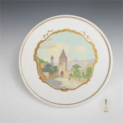 Jugendstil wandbord met dorpsgezicht. KPM Berlin