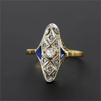 Art Deco navette ring with old-cut diamond and blue stones