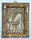Cadre reliquaire, 18e s. – au centre collage "Mère de Dieu", entouré de travaux en fil d'or et 8 reliques, dans un cadre vitré, 20,5 x 16,5 cm