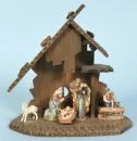 Weihnachtskrippe – Holz, braun gebeizt, 21 x 21 x 11 cm, mit 5 Holzfiguren, H= 2,5-7 cm;