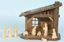 Crèche de Noël – bois, teinté brun, 22 x 24 x 13 cm, avec 9 figurines en bois simplement sculptées, H= 2-7,5 cm