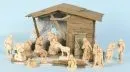 Weihnachtskrippe – Holz/Pappmasché, 26 x 45 x 29 cm, mit 14 Holzfiguren, H= 3-12 cm;