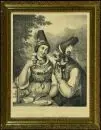 Cadre photo – bois/appliques de masse, doré, décor en relief, feuillure 43 x 33 cm, total 49 x 39 cm, avec lithographie
