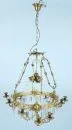Ceiling chandelier – brass ring, richly reliefed and openwork decor, 9 curved candle holders and cut glass prisms (incomplete), electrified
