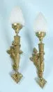 Pair of wall lamps – brass, relief decorations in Empire style, each 1 socket, flame-shaped etched glass shades (edges minimally…