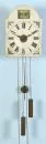 Wall clock - painted dial clock with alarm – wood, beige front with printed decorations and Roman numerals, pendulum, 2 weights, 31 x 22 x 14 cm