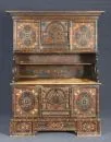Buffet with top section – made using two converted South Tyrolean chests, softwood, painted, socket base, 2 doors each at bottom and top, central compartment, profiled cornice, dated 1793/96, 203 x 162 x 67 cm, signs of use