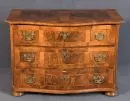 Baroque commode – walnut, panel marquetry, 4 turned feet, curved front with 3 drawers, chamfered corners, 75 x 108 x 60 cm, 18th c.