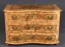 Baroque commode – walnut, inlaid panel decoration, turned front feet, curved front with 3 drawers, 81 x 119 x 63 cm