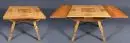 Table paysanne – bois divers, 4 pieds évasés avec entretoise, 1 tiroir, plateau extensible avec décor marqueté