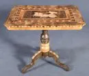 Side table – walnut, richly inlaid decor, 3 curved legs on turned central column, rectangular top with chamfered corners and chariot motif