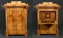 Secrétaire à abattant – merisier, pieds de socle, 3 tiroirs en bas, 1 tiroir en haut, 1 abattant, intérieur noyer marqueté, 1 porte