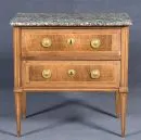 Commode – mahonie, ingelegd decor, 4 hoge taps toelopende poten, 2 laden, grijs geprofileerd marmeren blad, 81 x 81 x 49 cm, 19e eeuw