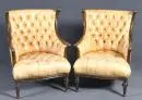 Fauteuils, 2 pièces – noyer, pieds avant tournés, assise et dossier avec revêtement en cuir style Chesterfield, H= 96 cm