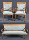 Seating group, 3 pieces – hardwood, decorated brass appliqués and coloured porcelain medallions, seats and backrests upholstered, 2…