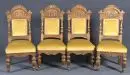 Chaises, 4 pièces – chêne, riches sculptures de style Renaissance, pieds avant sur roulettes en laiton, assise et dossier…