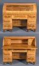 Cylinder secretary – cherry/walnut, inlaid panel decoration, 6 turned feet, 11 drawers below, 4 drawers and 1 shelf inside