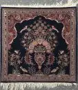 Kork-Gebets-Keshan, Perse, 48 x 58 cm – ancien, laine, nouage très fin, fond bleu foncé, motif vase avec plantes et animaux, plusieurs bordures, franges…