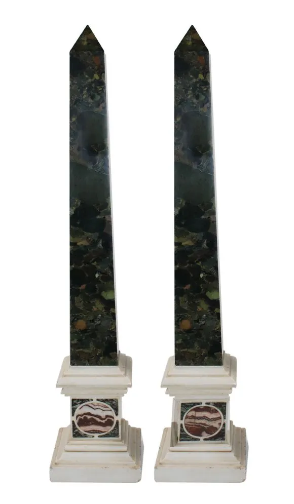 Obelisks, pair – of green speckled breccia marble