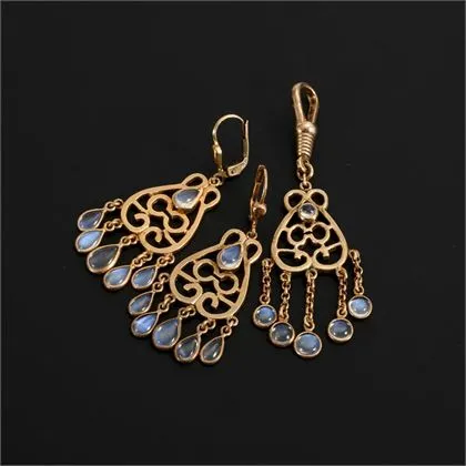 Parure avec pierres de lune : paire de boucles d'oreilles et pendentif