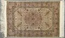 Seiden-Hereke, Turkey, 68 x 96 cm – old, on silk, very finely knotted, light background, multicolored medallion, surrounded by vase motifs, rose main border, signed