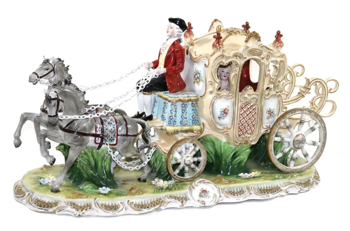 State coach – porcelain coach with cavalier and noble lady seated inside