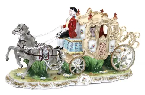 State coach – porcelain coach with cavalier and noble lady seated inside