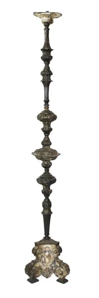 Baroque altar candlestick – wooden core with silver sheet decoration