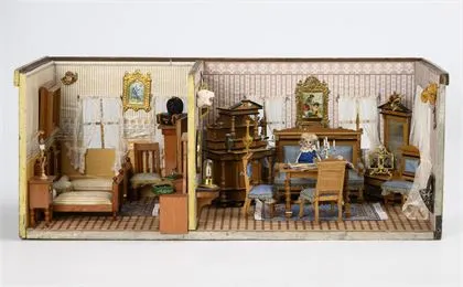 Decoratief ingericht tweekamerpoppenhuis