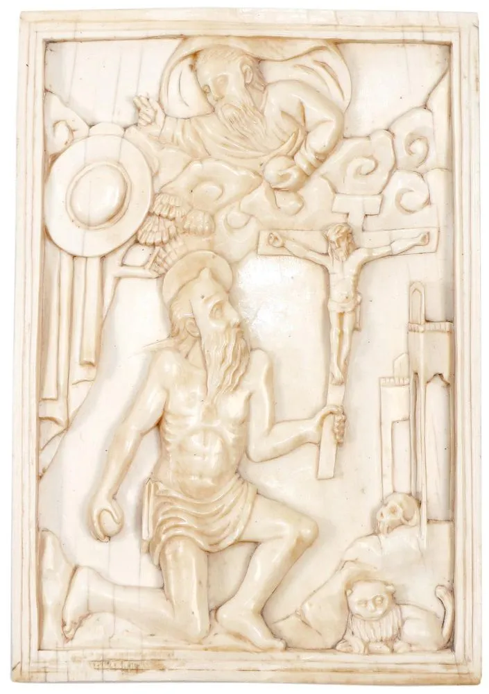 Ivory wall panel – depicting Saint Jerome as an ascetic in the desert, surrounded by his traditional iconographic attributes