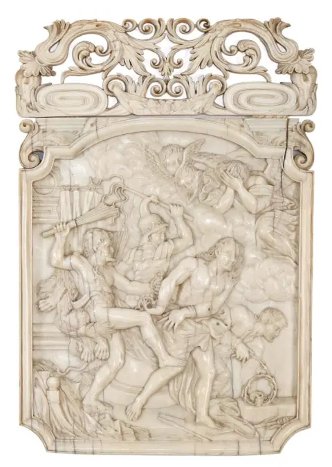 Kreuzweg Christi. – Wandtafel aus Elfenbein mit feinem Relief