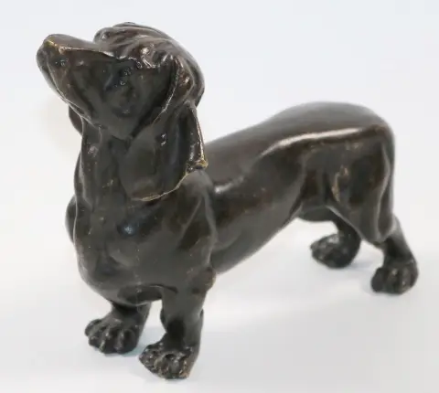 Dackel Bronze. – Naturalistische Bronzefigur eine Dackels