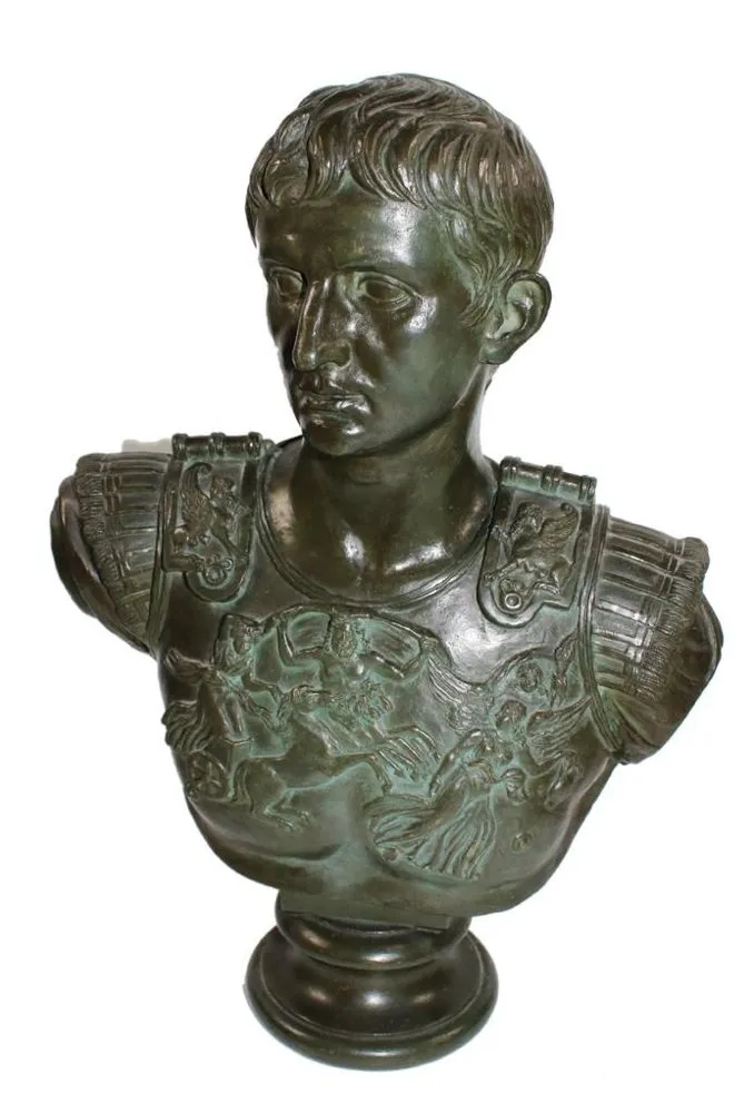 Emperor Augustus – Bronze bust of the emperor with splendid breastplate featuring mythological scenes in relief