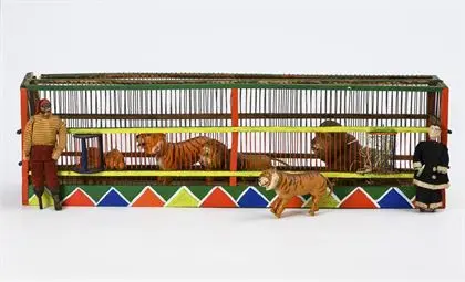 5 animaux Humpty Dumpty et 2 figures dans cage de fauves. Albert Schoenhut
