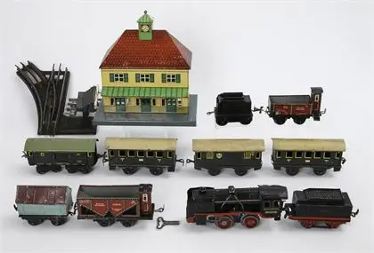Lot de chemin de fer avec locomotive, gare, wagons et rails. Johann Distler & Karl Bub, Nuremberg