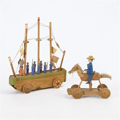 2 jouets à roues : "Matrosenschiff" et "Pendelreiter". Ewald & Rudolf Ulbricht, Seiffen