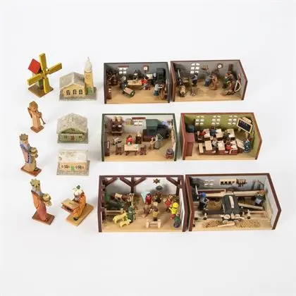 Lot de 6 miniatures de chambres de poupées. Erzgebirge